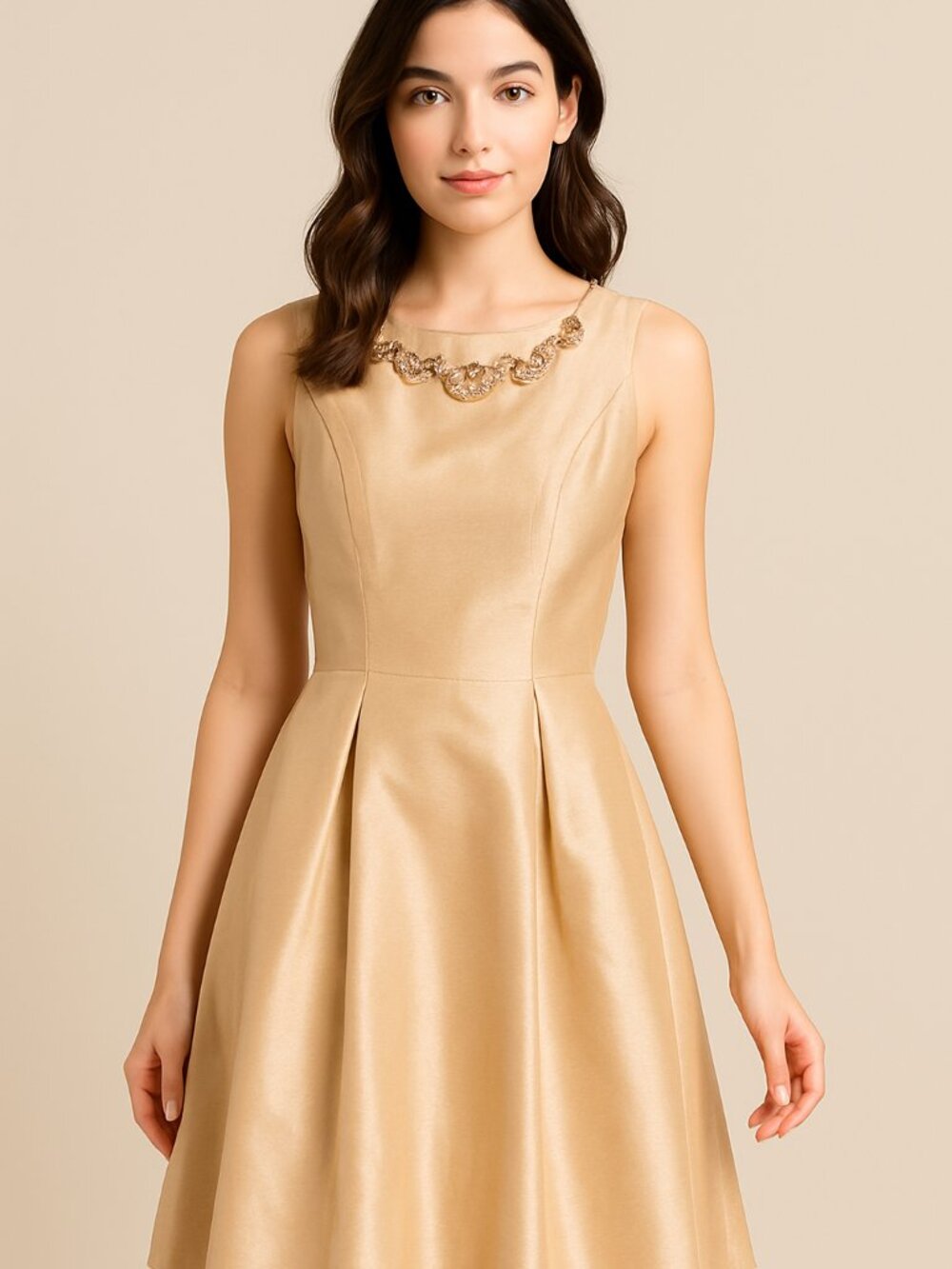 Tahari gold jewel neck, sleeveless dress, size 6